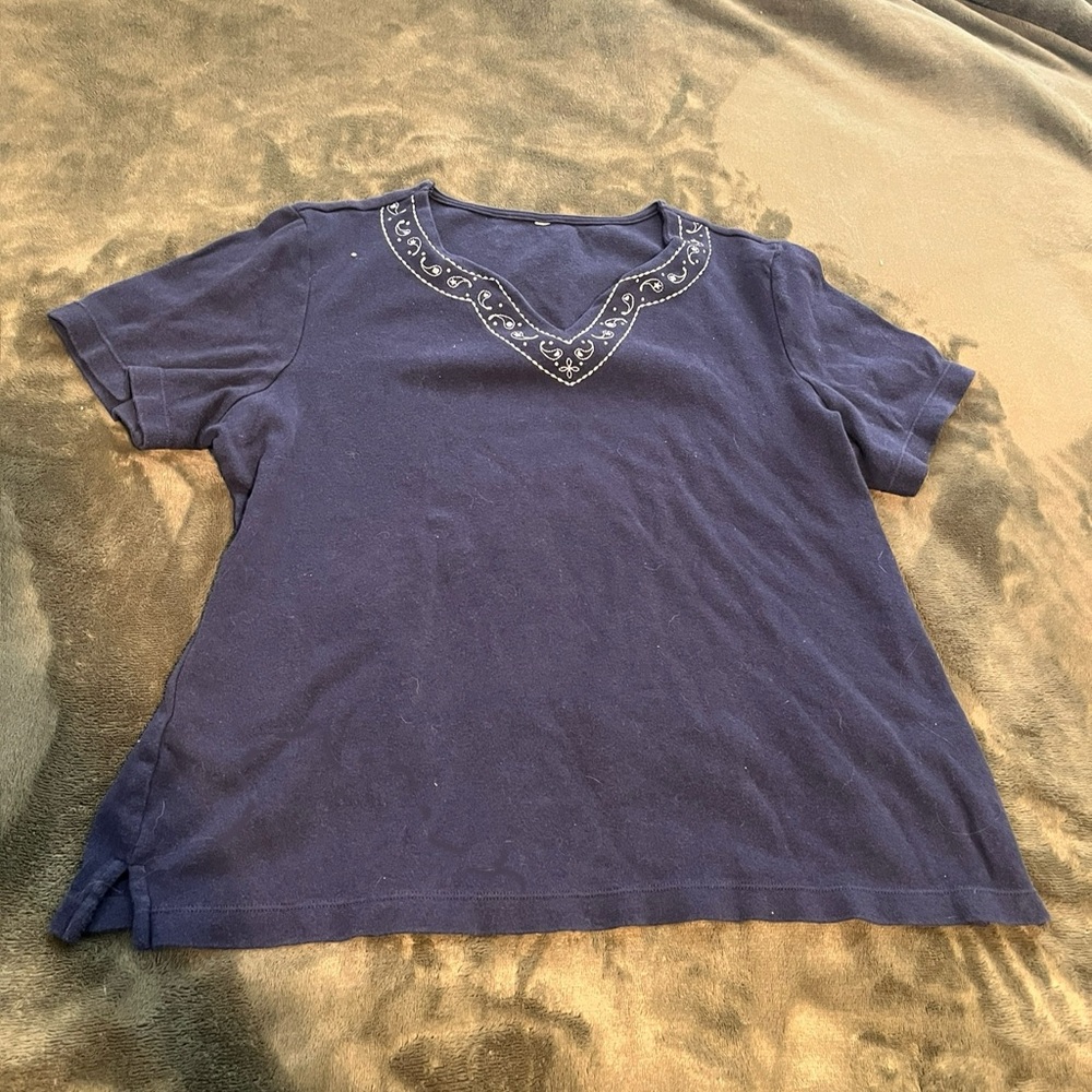 Vintage Navy Blue T-Shirt with Embroidered Neckline
